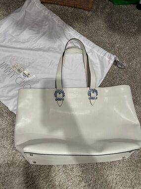 Jimmy Choo Cheri White Leather Tote with Jeweled Buckles